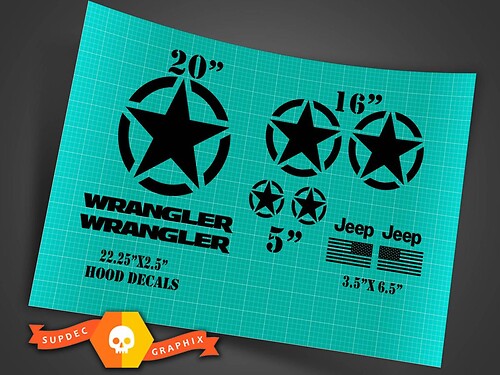 Militärstern-Aufkleberset im Jeep Wrangler-Oscar-Mike-Stil + Aufkleber für die Motorhaube
