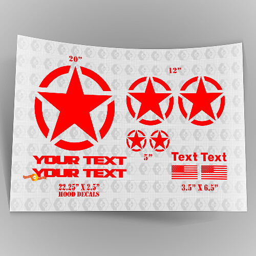 Militärstern-Aufkleberset im Jeep Wrangler-Oscar-Mike-Stil + Aufkleber für die Motorhaube
