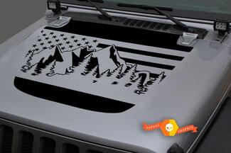 Motorhauben-Vinyl Forest Mountains USA-Flagge Blackout-Aufkleber für 18–19 Jeep Wrangler JL #1
