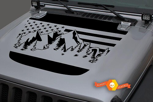 USA-Flagge Berglandschaft Motorhauben-Vinylaufkleber für Jeep Wrangler 2018-2019