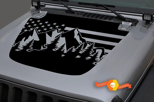 USA-Flagge Berge Landschaft Motorhauben Vinyl-Dekor-Kit für Jeep Wrangler 2018-19