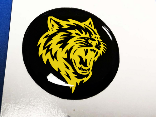Start-Motor-Taste, Start-Stopp-Hellcat-Logo, gelbes Emblem, gewölbter Aufkleber, Aufkleber, Challenger, Charger, Dodge
