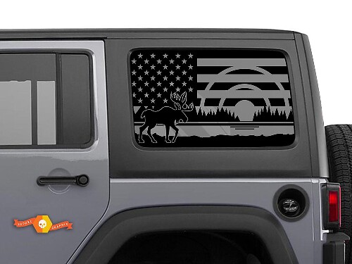 USA-Flagge Elch Wald Seitenfenster Vinyl-Aufkleber Paar für Jeep Wrangler Hardtop