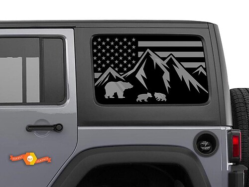 Seitenfensteraufkleber mit USA-Flagge und Bärenbergen für Jeep Wrangler Rubicon Hardtop
