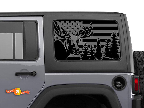 USA-Flagge Elch Wald Seitenscheiben Vinyl-Aufkleber-Set für Jeep Wrangler Hardtop