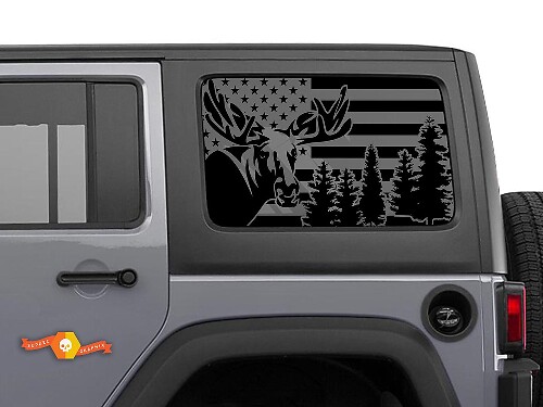 USA-Flagge Elch Wald Windschutzscheiben-Aufkleber Decal Für Jeep Wrangler Rubicon Hardtop JKU JLU 2007-2019 oder Tacoma 4Runner Tundra Charger Challenger