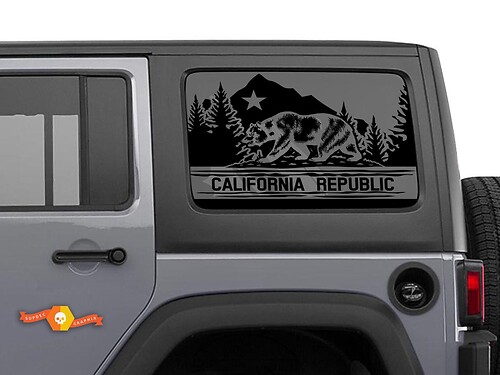 Seitenfensteraufkleber „California Republic Bear Forest“ für Jeep Wrangler Rubicon Hardtop
