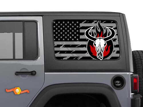 Abgenutztes USA-Flaggen-Bullen-Schädel Seitenfenster-Vinylaufkleber-Set für Jeep Wrangler Hardtop