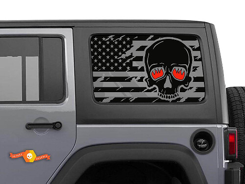 USA-Flaggen-Skull mit brennenden Augen Seitenfenster-Vinylaufkleber für Jeep Wrangler Hardtop
