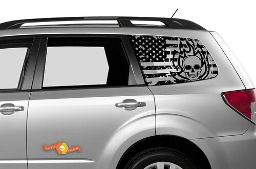 Suba Ascent Forester Seitenfenster-Aufkleber mit amerikanischer Flagge, Totenkopf, zerstörte Flamme
