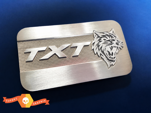 SRT Supercharger Style Brushed Aluminum Custom TXT Cat — Emblem (universell)