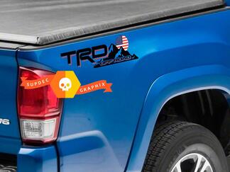 Paar TRD Off Road Mountains USA-Flagge im Sonnenuntergangsstil, Bettseite, Vinyl-Aufkleber, Aufkleber, Toyota Tacoma Tundra FJ Cruiser

