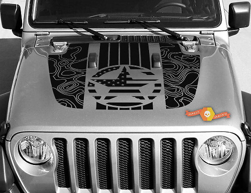 USA-Flag-Stern Topografische Karten-Haube Vinyl-Aufkleber Kit für Jeep Gladiator Wrangler