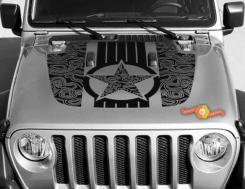 Military Star Topografische Kartenhauben-Vinylaufkleber für Jeep Wrangler und Gladiator