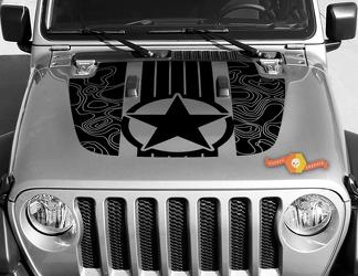 Jeep Gladiator JT Wrangler Military Star Stripes Topografische Karte JL JLU Vinyl-Aufkleber im Motorhauben-Stil Grafik-Kit für 2018-2021
