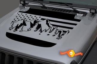 Jeep 2018-2021 Gladiator JT Wrangler JL JLU Motorhaube USA Flagge Berge Wald Einzigartige Vinyl-Aufkleber-Grafik
