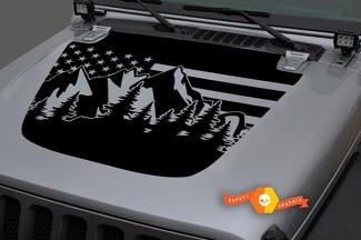Jeep 2018–2021 Gladiator JT Wrangler JL JLU Motorhaube USA Flagge Berge Wald Vinyl Aufkleber Aufkleber Grafik
