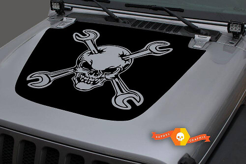 Totenkopf und gekreuzte Schraubenschlüssel Hauben-Vinylaufkleber für Jeep Wrangler JL JLU und Gladiator JT