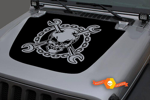 Totenkopf mit gekreuzten Schraubenschlüsseln Kettenhaube Vinyl-Aufkleber für Jeep Gladiator Wrangler