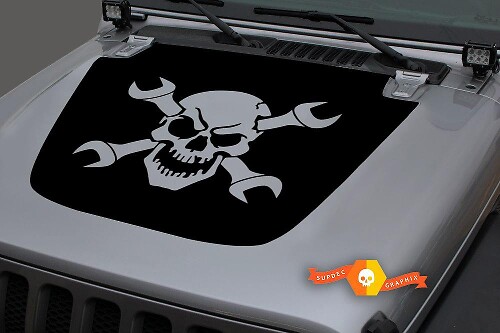 Totenkopf mit gekreuzten Schraubenschlüsseln Motorhauben-Vinylaufkleber für Jeep Wrangler Gladiator