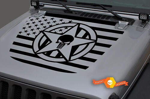 Jeep 2018–2021 Gladiator Wrangler JL JLU JT Hood Skull Punisher Army Star US USA Flagge Vinyl Aufkleber Aufkleber Grafik
