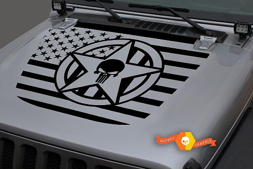 Totenkopf Militärstern USA-Flaggen-Hauben-Vinylaufkleber für Jeep Wrangler JL JLU & Gladiator JT