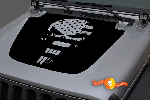 Jeep 2018–2021 Gladiator Wrangler JL JLU JT Hood Skull Punisher Army Star US USA-Flagge zerstörte Vinyl-Aufkleber-Grafik
