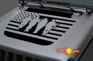 Jeep 2018–2021 Gladiator Wrangler JL JLU JT Hood US USA Flag Four Soldiers Vinyl Aufkleber Aufkleber Grafik
