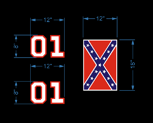 General Lee Stil Flagge und 01 Nummer Vinylaufkleber Set