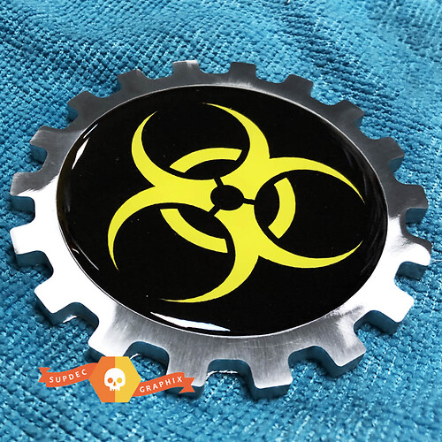 Gelbes gewölbtes Biohazard-Logo Metall-Aluminium-Schriftzug für die Seitenwand des Jeep Wrangler