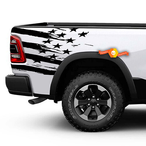 Abgenutztes Amerikanisches Flaggen-Heckseiten-Vinylaufkleber-Set für Dodge Ram