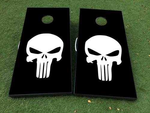 Schwarz-weißer Punisher Skull Cornhole-Brettspiel-Aufkleber, Vinylfolie mit laminierter Folie